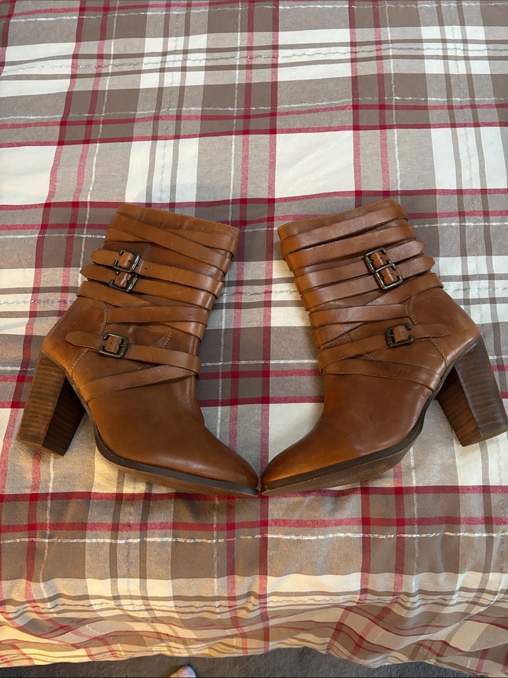 Classic Tan Leather Mid-Calf Heeled Boots with Buckle Straps